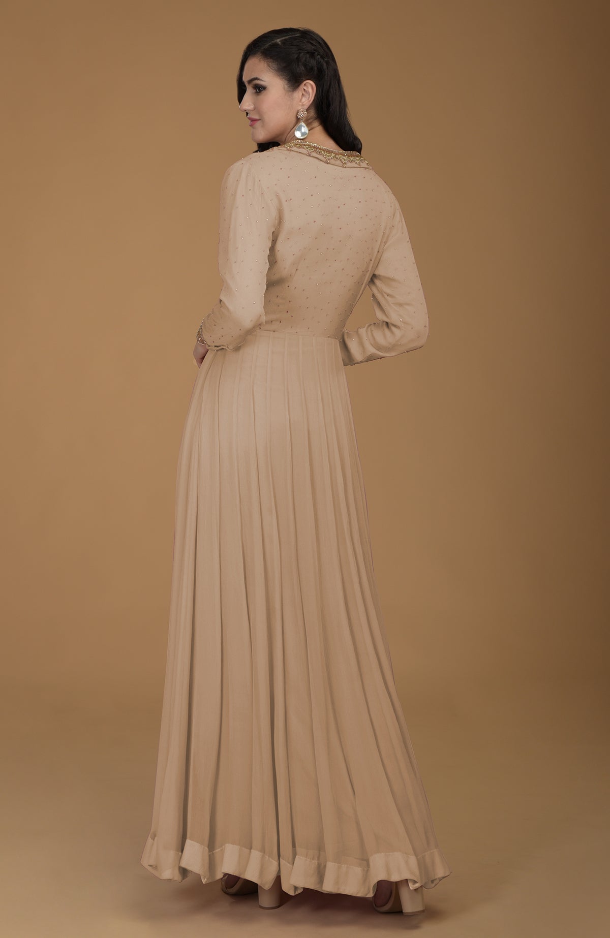 Beige chiffon kalidaar dress with gold zardozi embroidery on bodice, collar, and sleeves