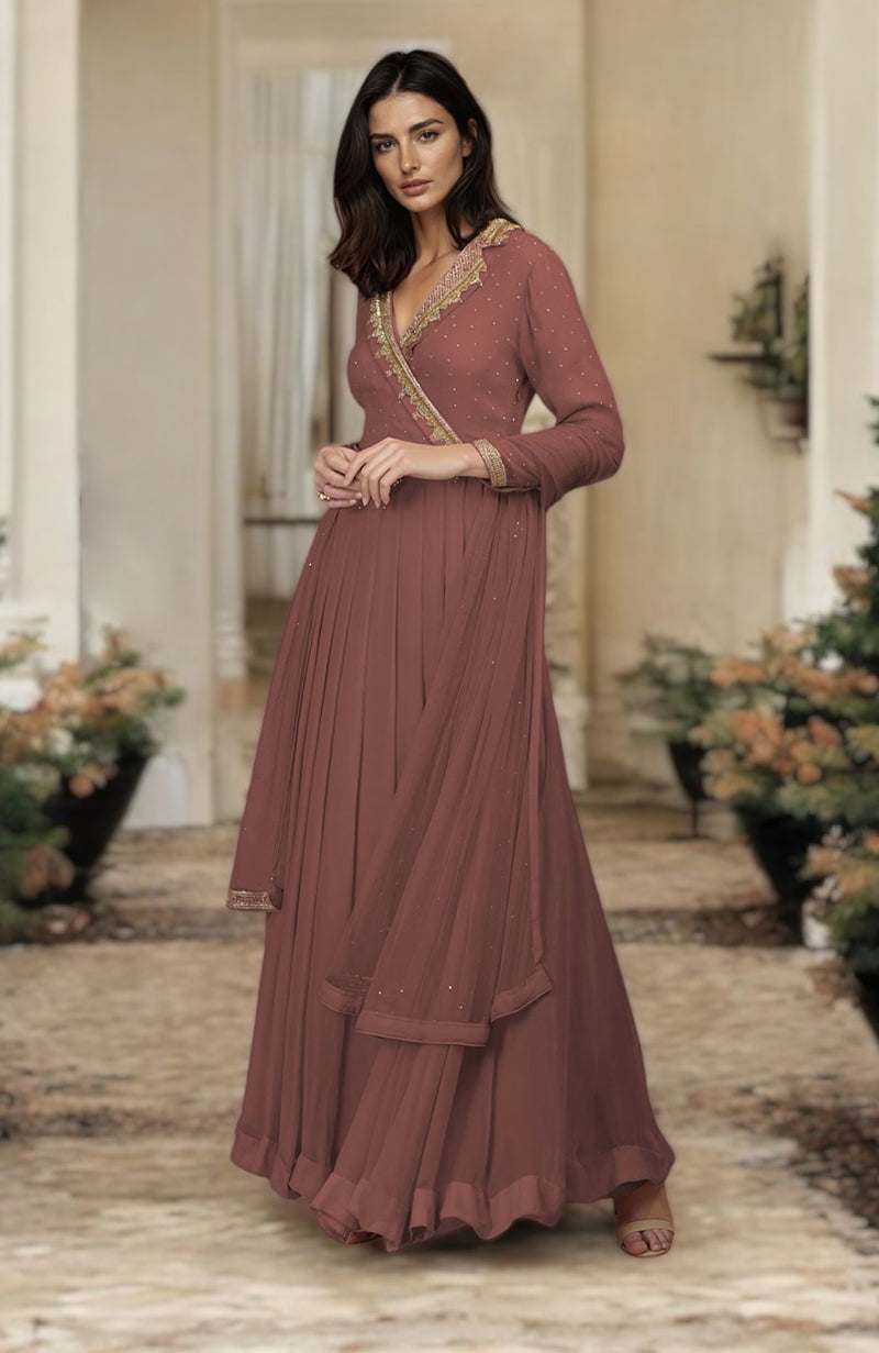 Elderberry chiffon kalidaar dress with gold zardozi embroidery on collar and sleeves
