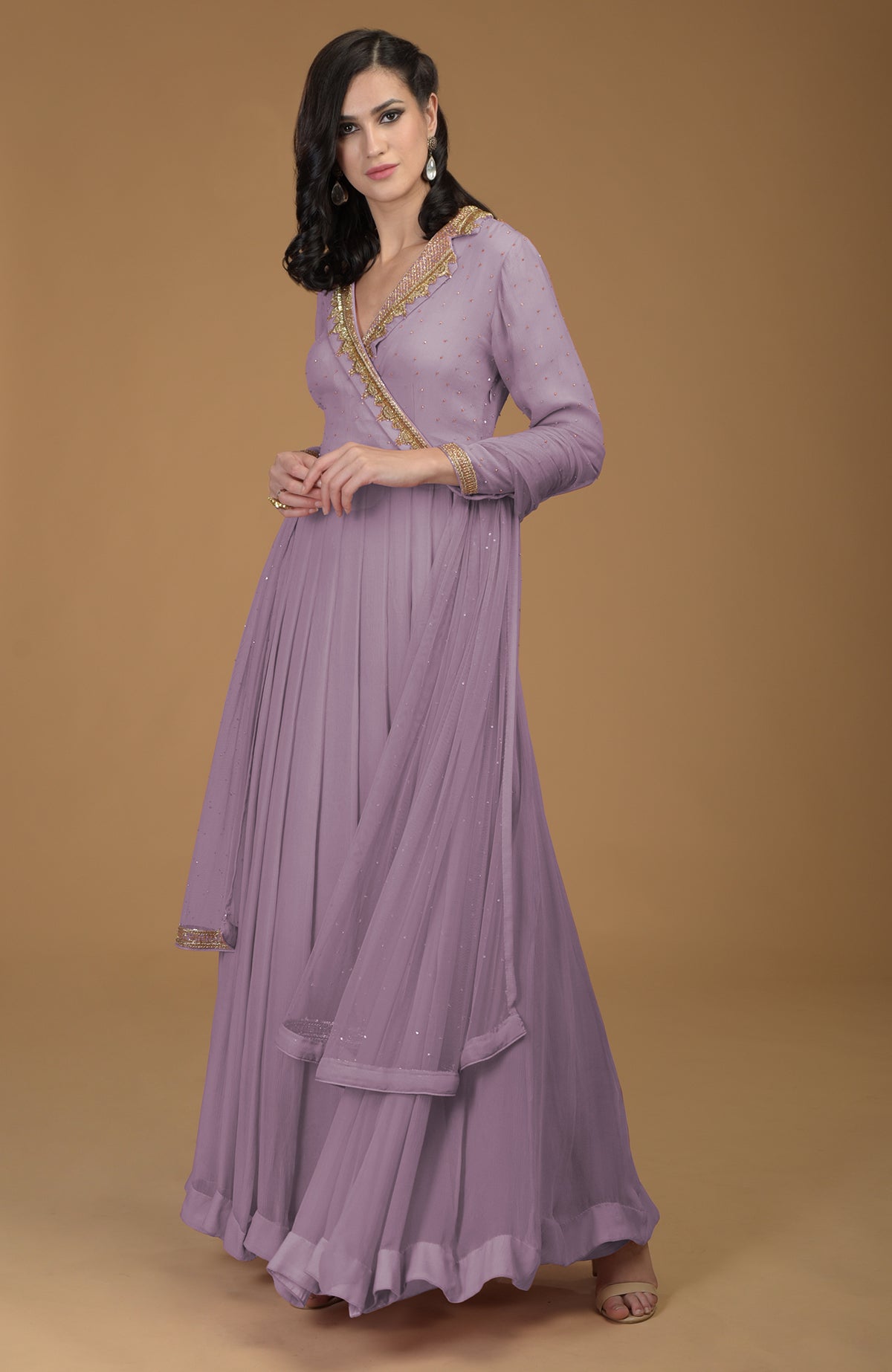 Elderberry chiffon kalidaar dress with gold zardozi embroidery on collar and sleeves