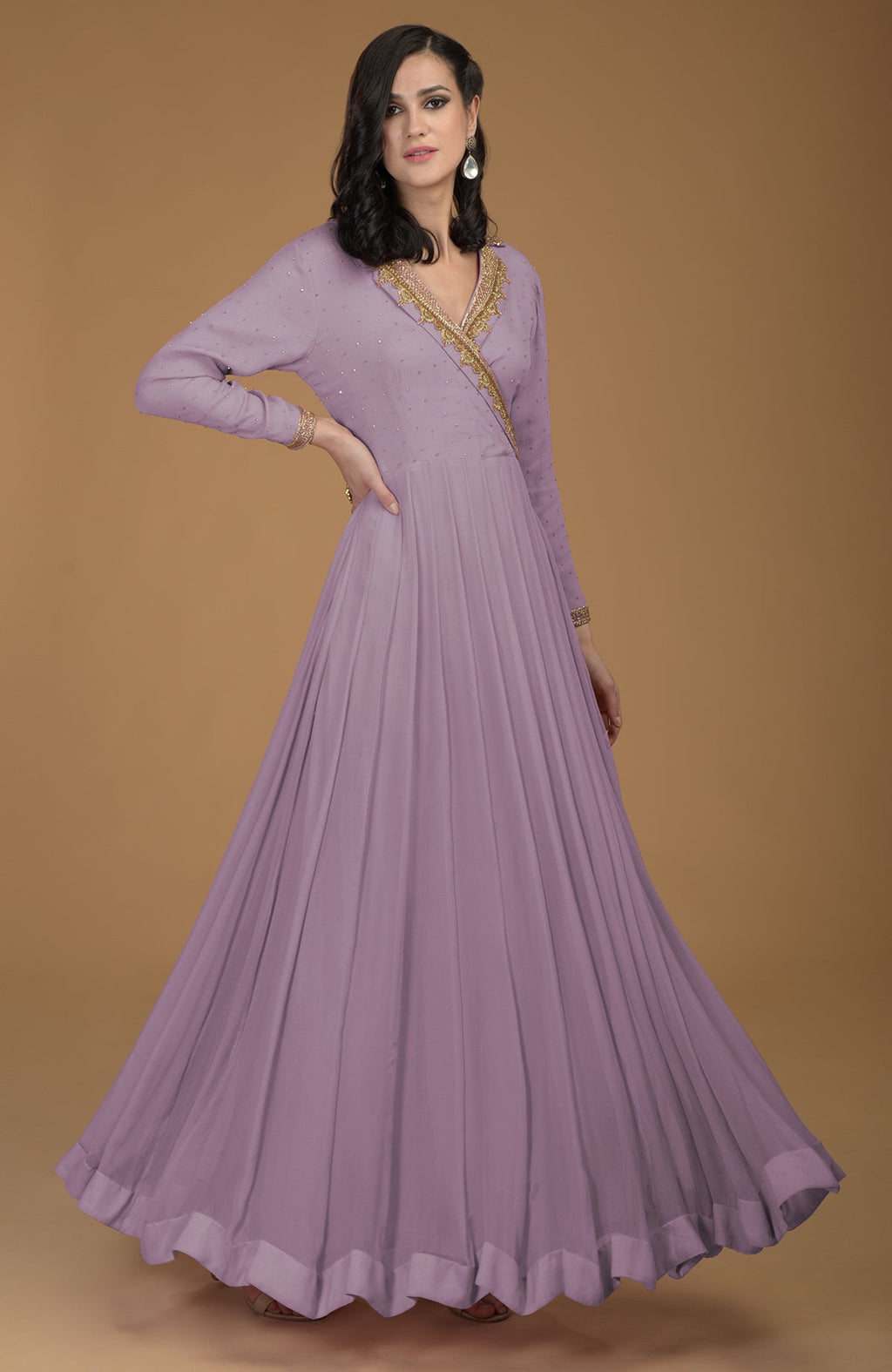Elderberry chiffon kalidaar dress with gold zardozi embroidery on bodice, collar, and sleeves