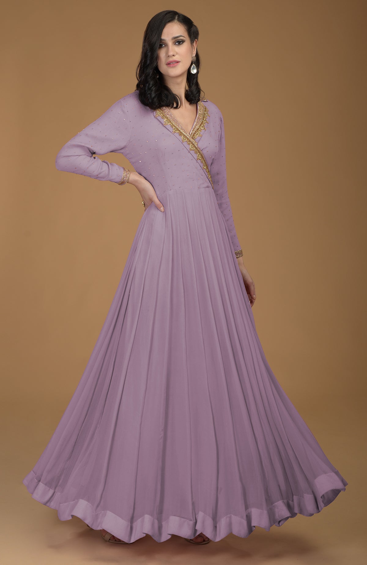 Elderberry chiffon kalidaar dress with gold zardozi embroidery on bodice, collar, and sleeves