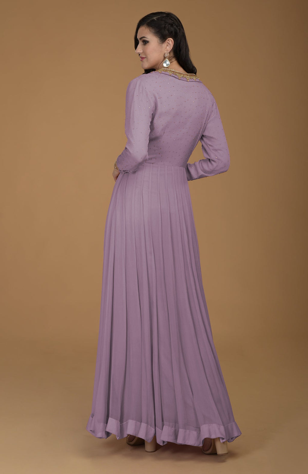 Elderberry chiffon kalidaar dress with gold zardozi embroidery on bodice, collar, and sleeves.