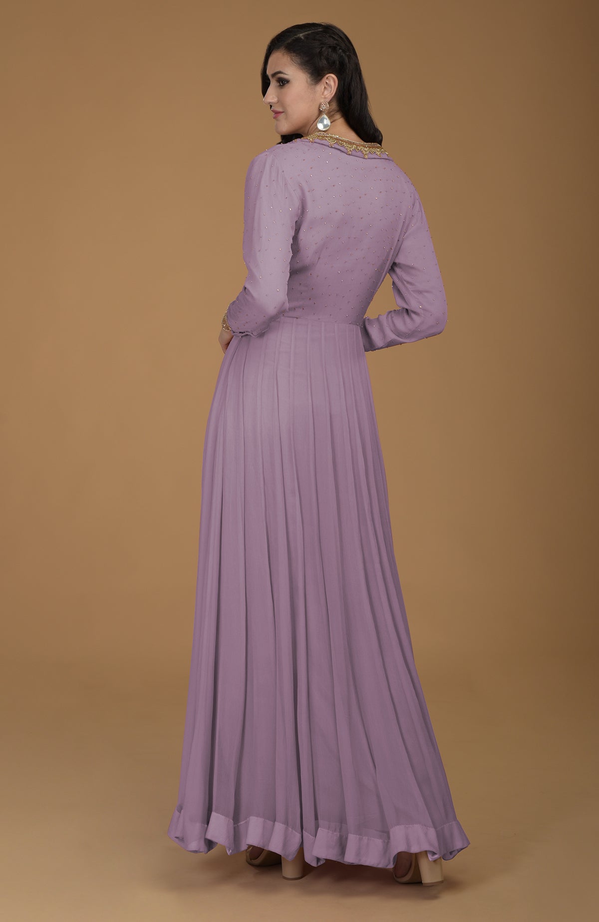 Elderberry chiffon kalidaar dress with gold zardozi embroidery on bodice, collar, and sleeves.