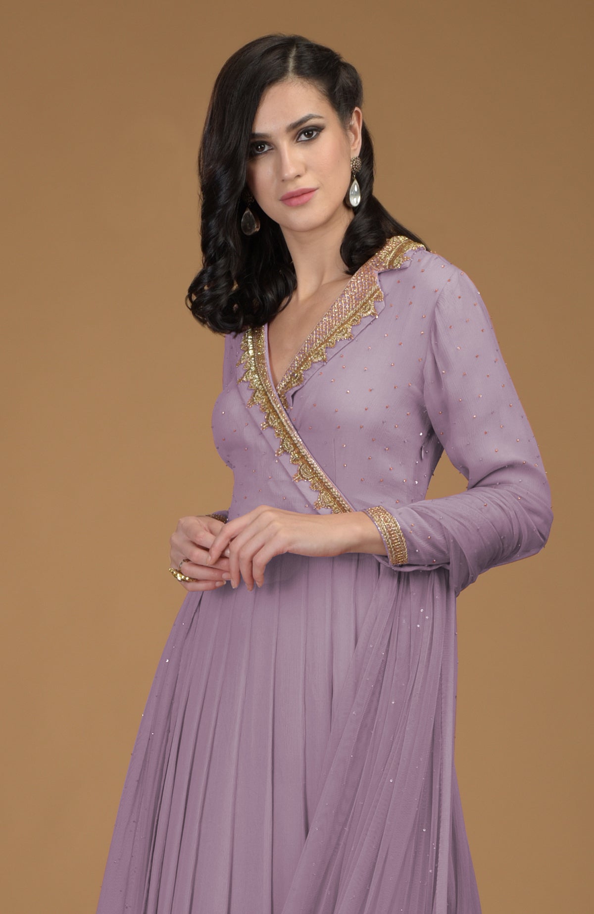 Elderberry chiffon kalidaar dress with gold zardozi embroidery on collar and sleeves