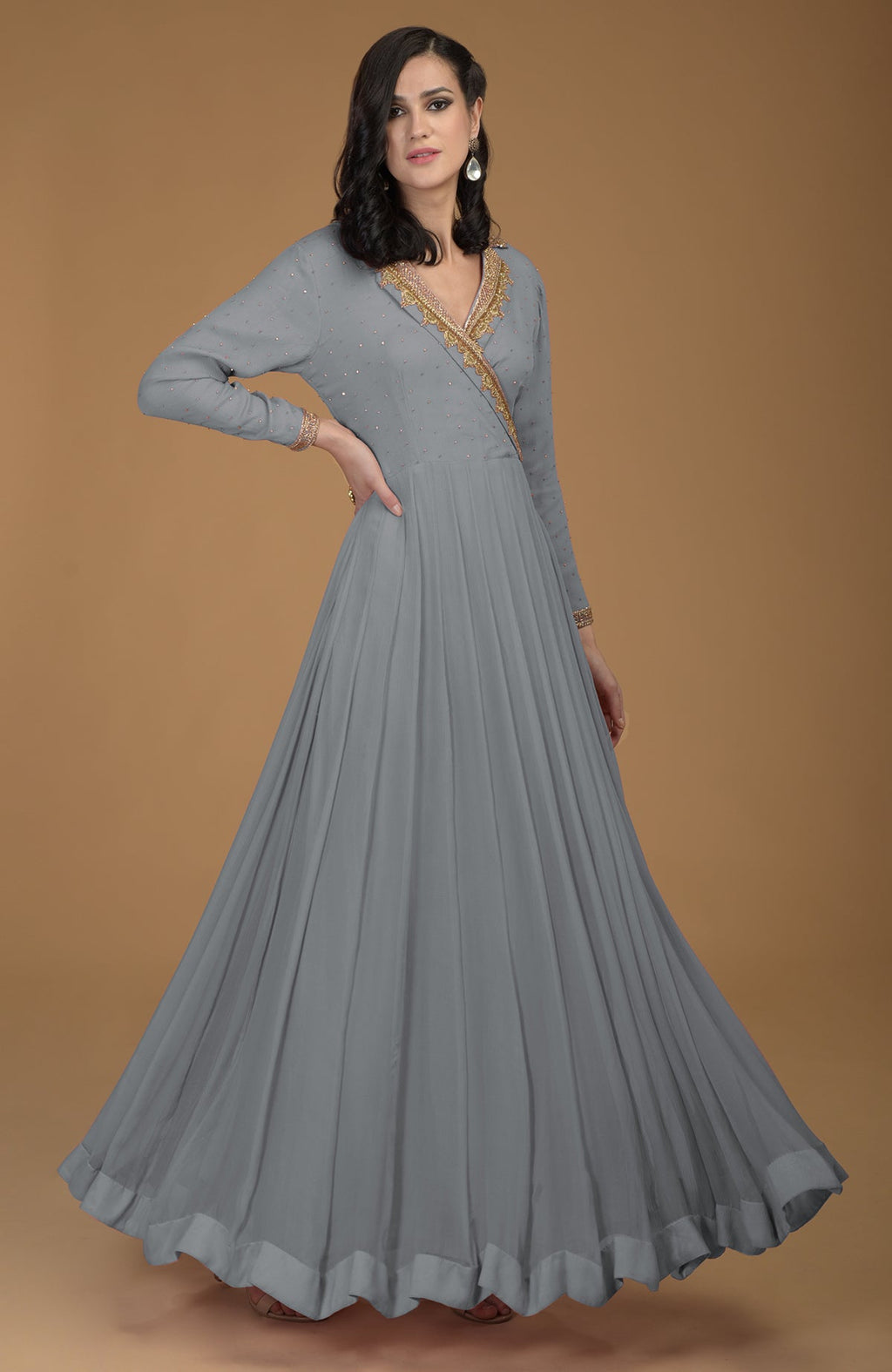Slate grey chiffon kalidaar dress with gold zardozi embroidery on bodice, collar, and sleeves