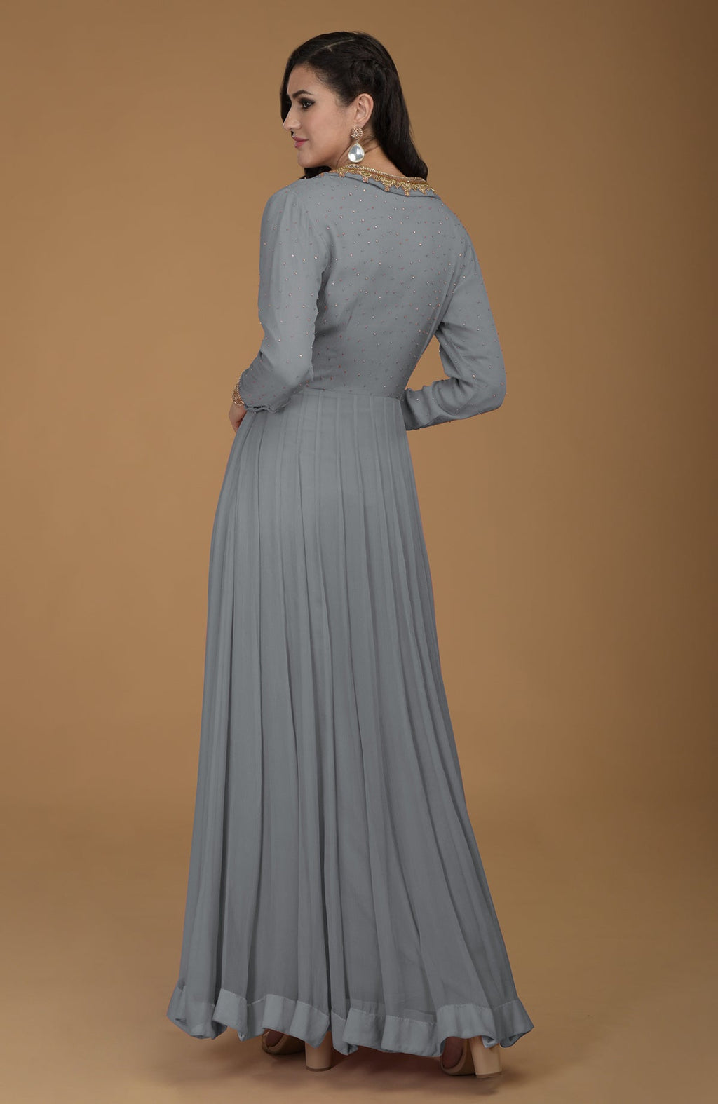Slate grey kalidaar chiffon dress with gold zardozi embroidery on collar and sleeves