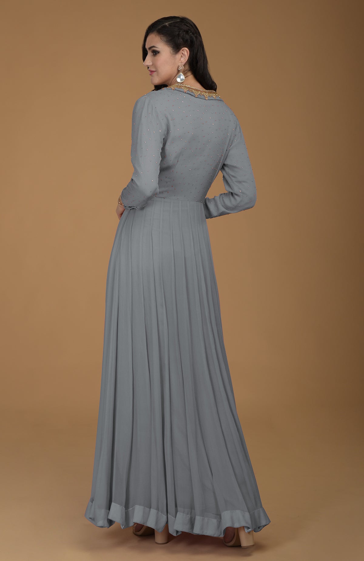 Slate grey kalidaar chiffon dress with gold zardozi embroidery on collar and sleeves