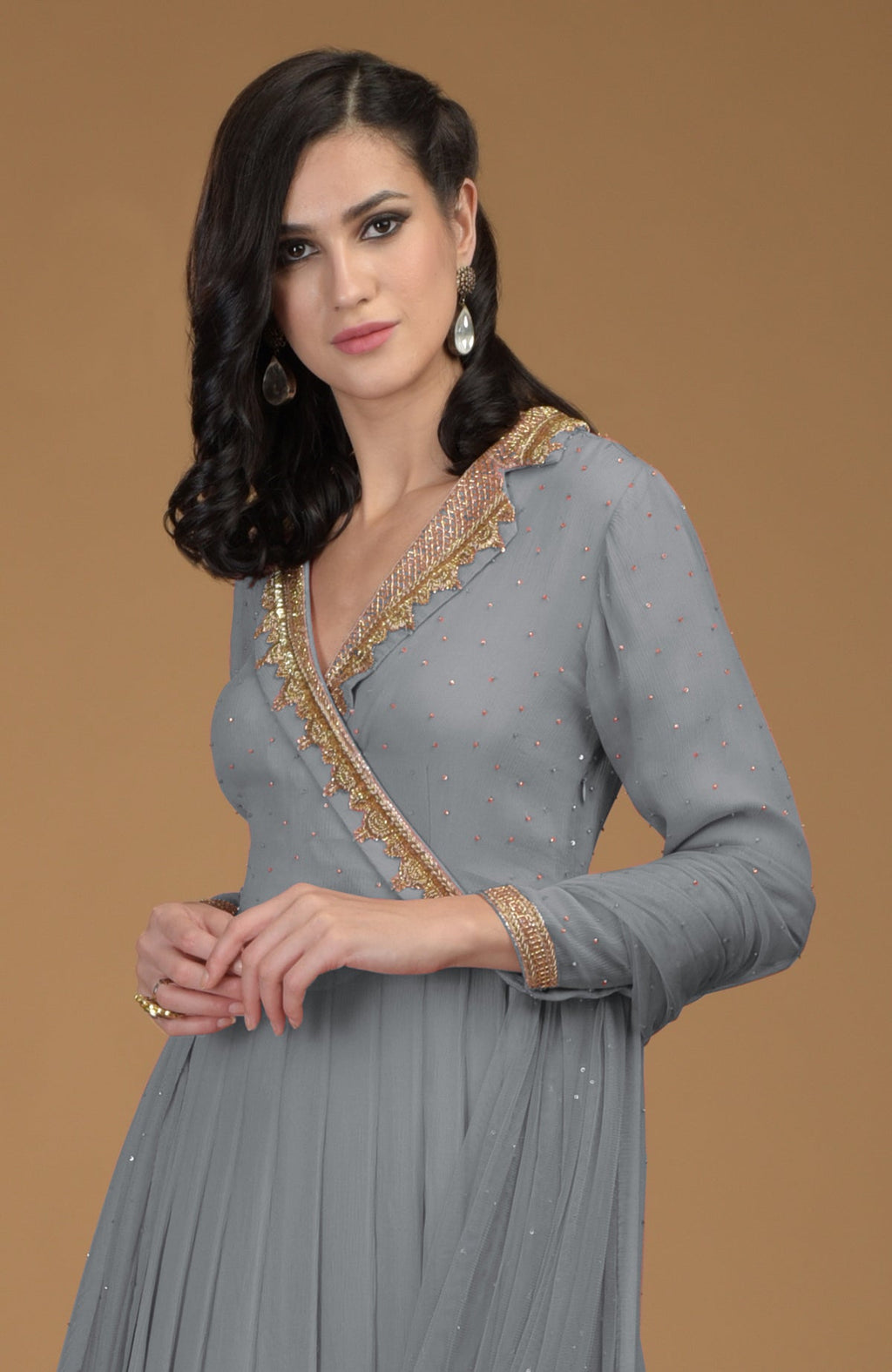 Slate grey chiffon kalidaar dress with gold zardozi hand embroidery on bodice and sleeves