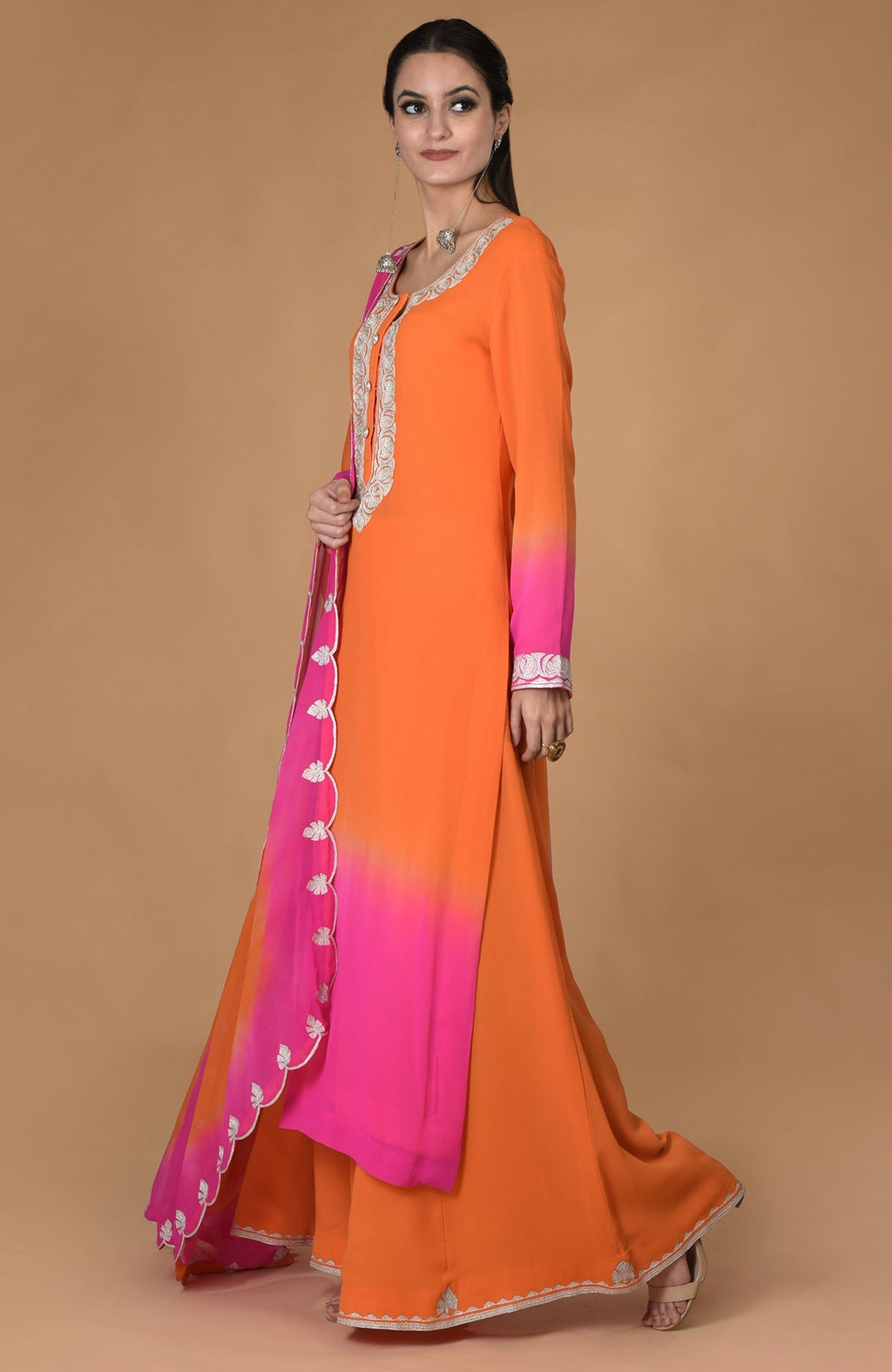 Orange-hot pink ombre kurta set with tilla embroidery.