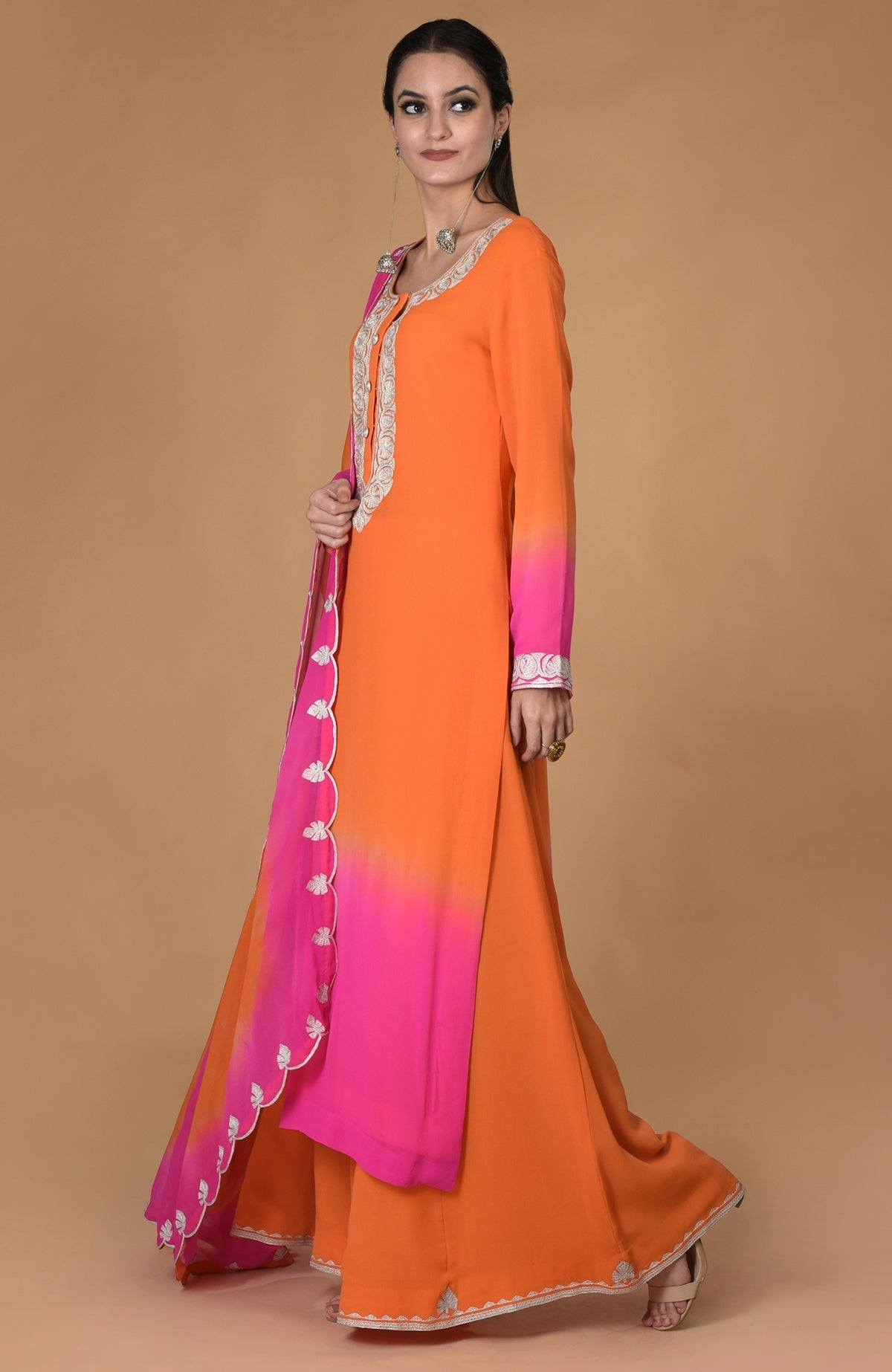 Orange-hot pink ombre kurta set with tilla embroidery.