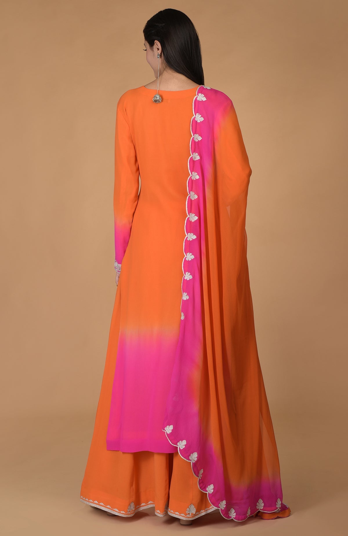 Orange-hot pink ombre kurta set with tilla embroidery and matching dupatta.