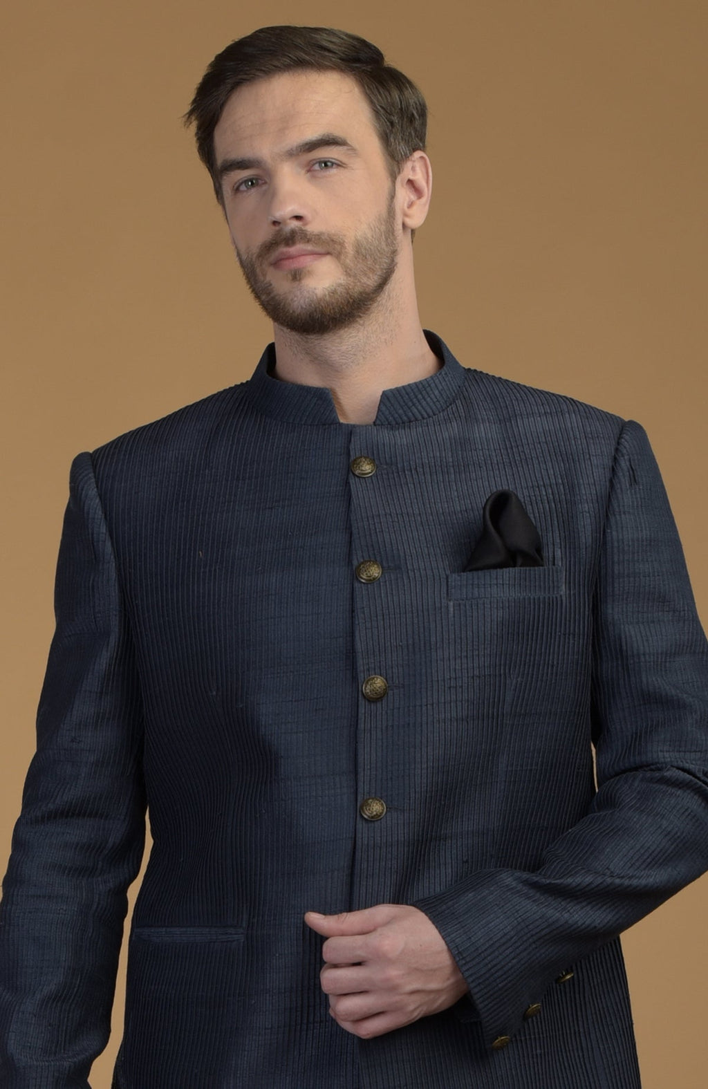 Orion Blue Pintuck Raw Silk Bandhgala Jacket with a black pocket square.