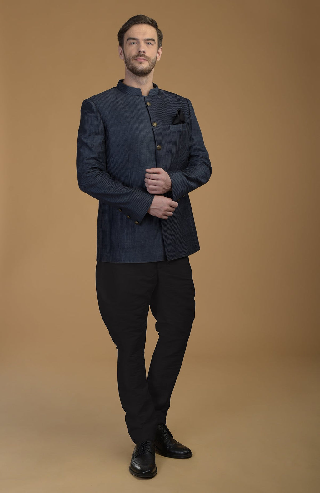 Orion Blue Pintuck Pure Raw Silk Bandhgala Jacket Set with Jodhpuri Pants.