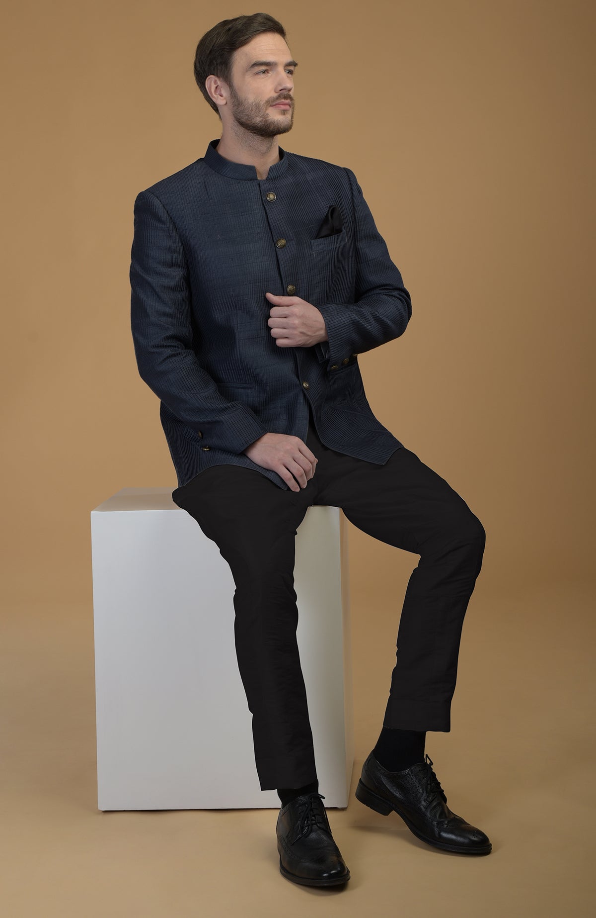 Orion Blue Pintuck Pure Raw Silk Bandhgala Jacket Set with Jodhpuri Pants.