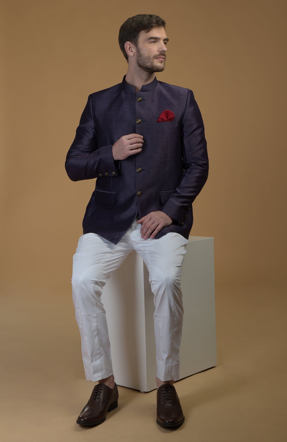 Eclipse Blue Linen Silk Bandhgala Jacket with white pants and brown shoes.