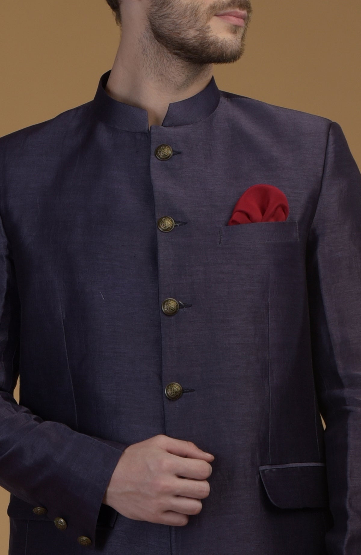 Eclipse Blue Linen Silk Bandhgala Jacket with a red pocket square.