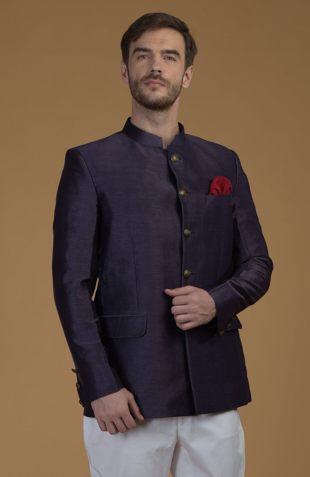 Eclipse Blue Linen Silk Bandhgala Jacket with a red pocket square.