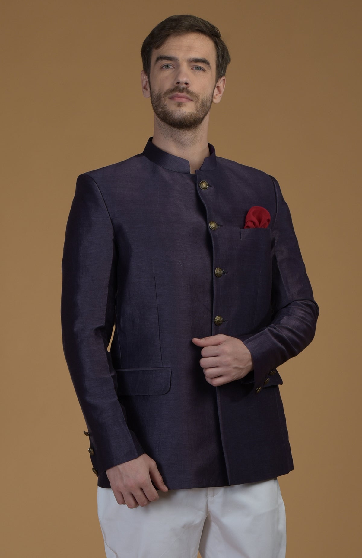 Eclipse Blue Linen Silk Bandhgala Jacket with a red pocket square.
