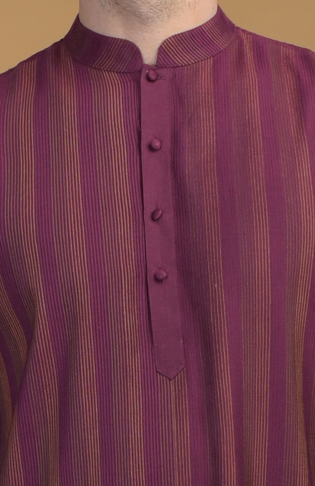 Plum kurta with vertical stripes, a band collar, and a buttoned placket.