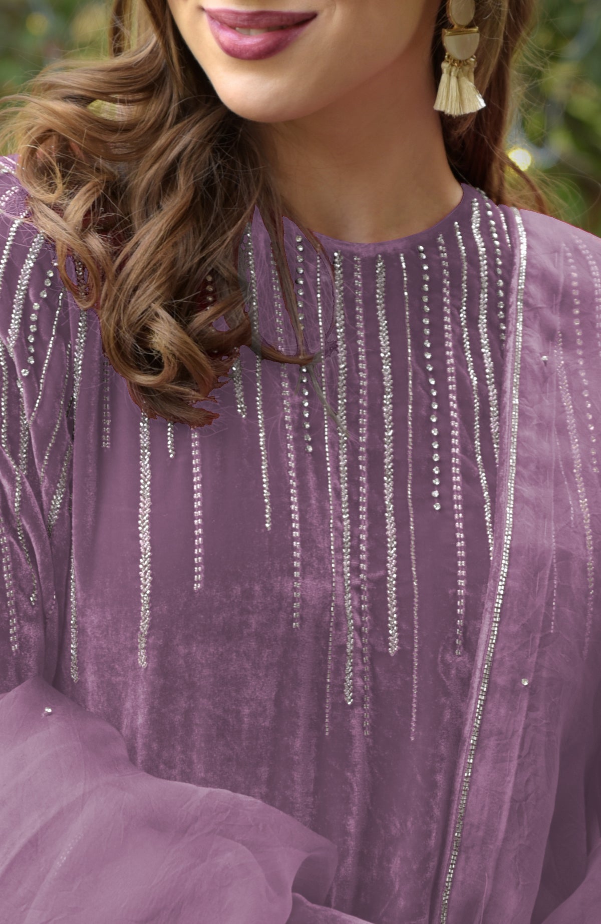 Dusty wisteria velvet kurta with hand embroidered crystals and beads, paired with silk organza dupatta