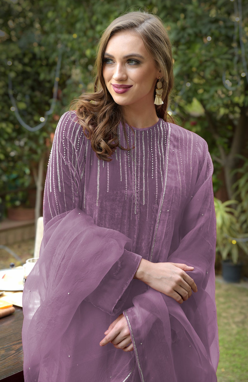 Dusty wisteria velvet kurta with hand-embroidered crystals and beads, paired with silk dupatta