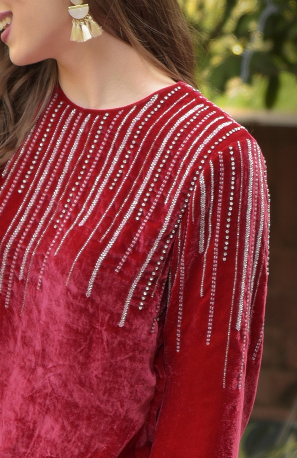 Cherry red velvet kurta with crystal and bead embroidery.