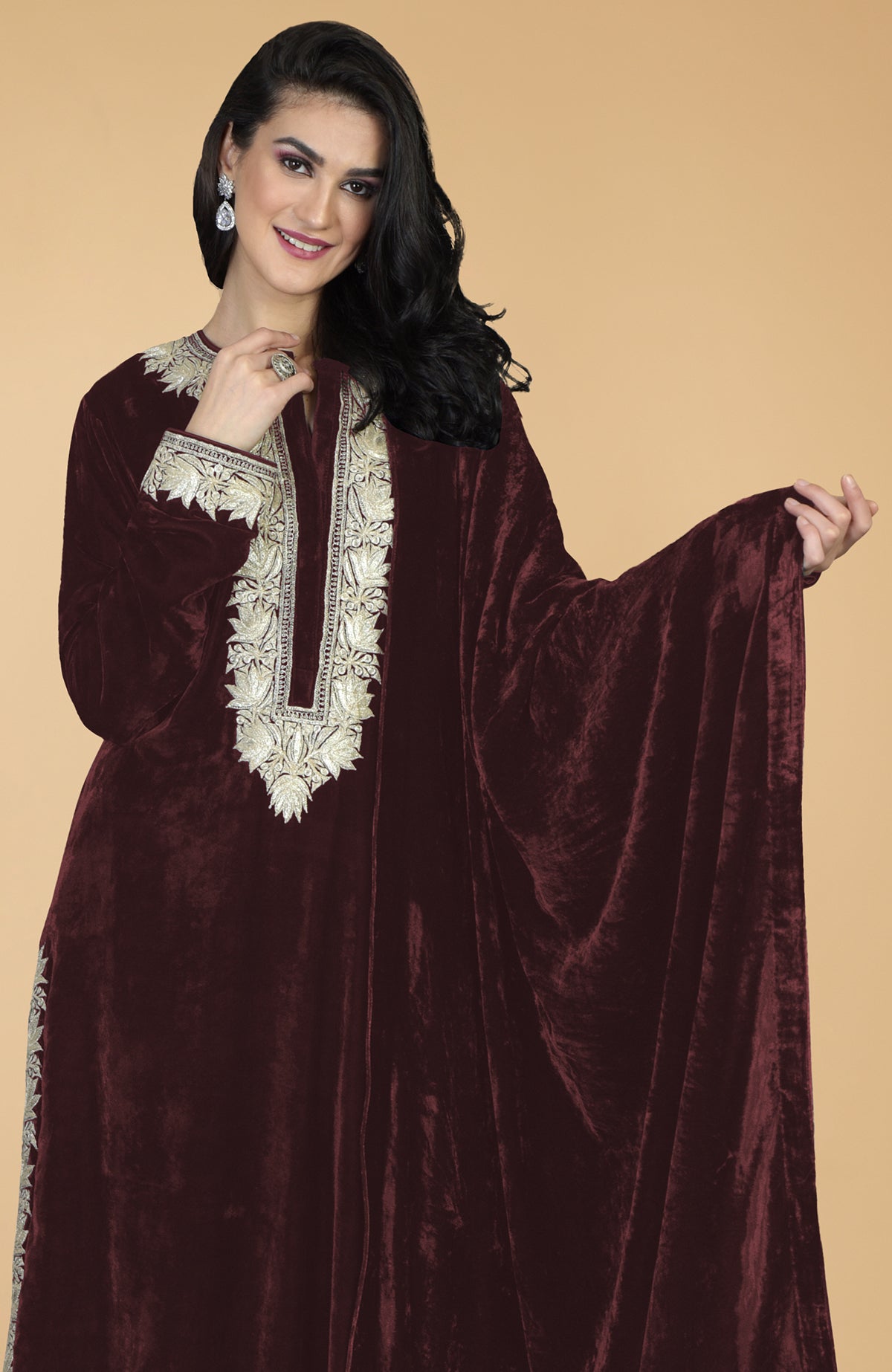 Marsala silk velvet kurta with silver Kashmiri tilla embroidery, paired with velvet pants and dupatta