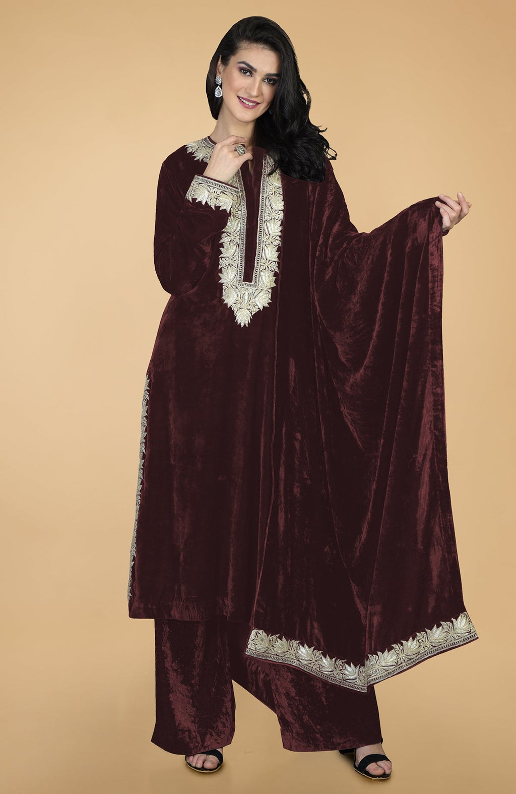 Marsala silk velvet kurta set with Kashmiri silver tilla embroidery and matching dupatta