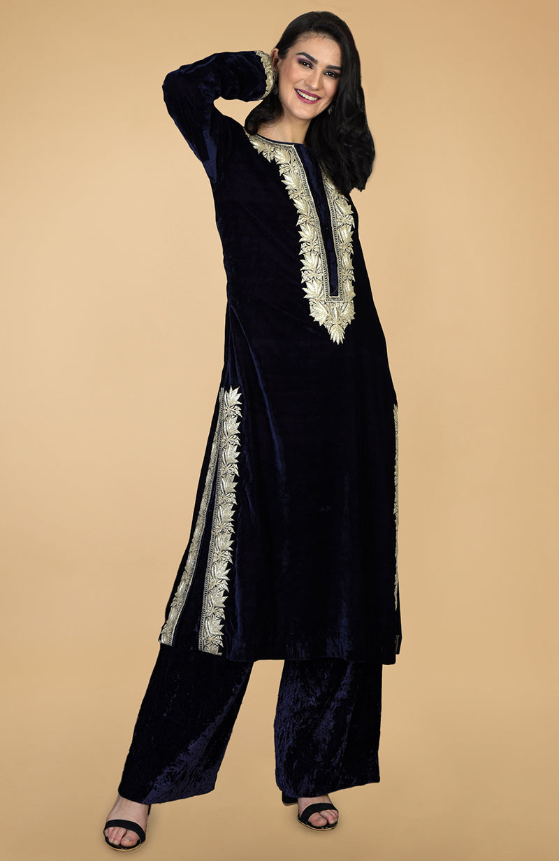 Midnight blue silk velvet kurta set with Kashmiri tilla embroidery.