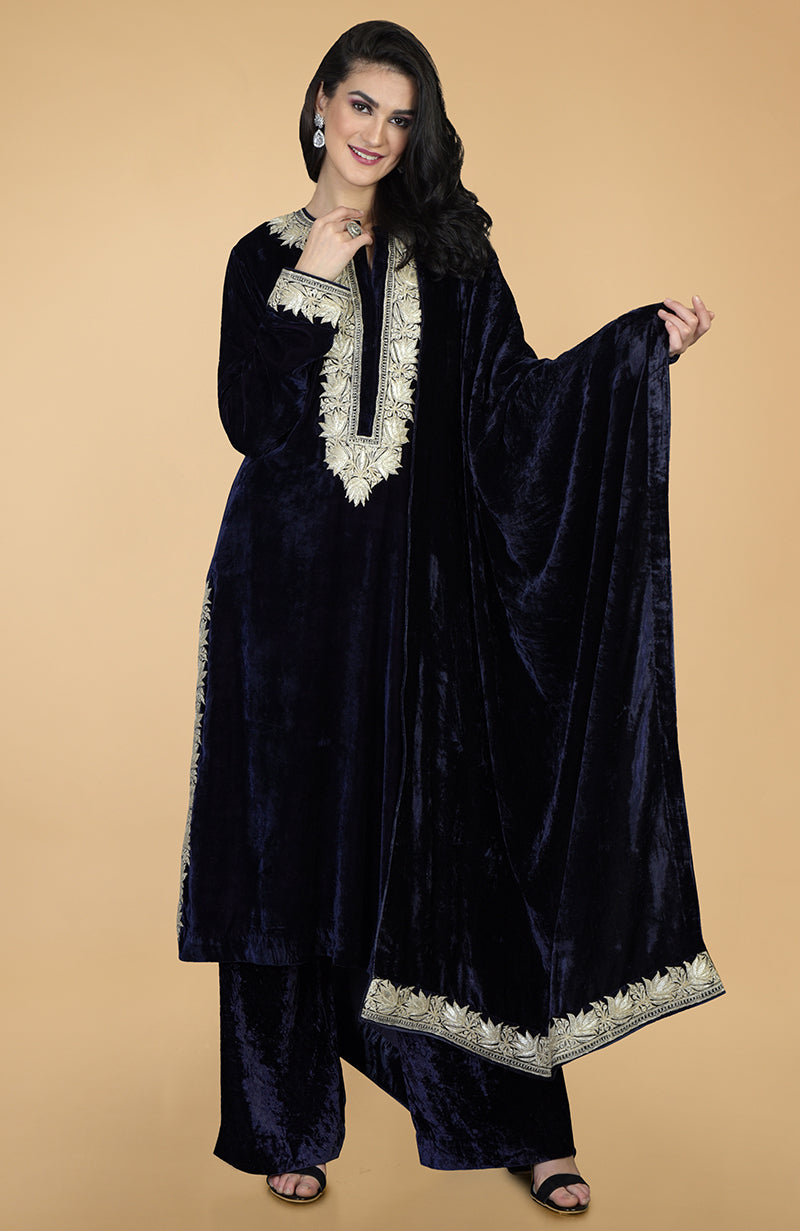 Midnight blue silk velvet kurta set with Kashmiri tilla embroidery and dupatta.