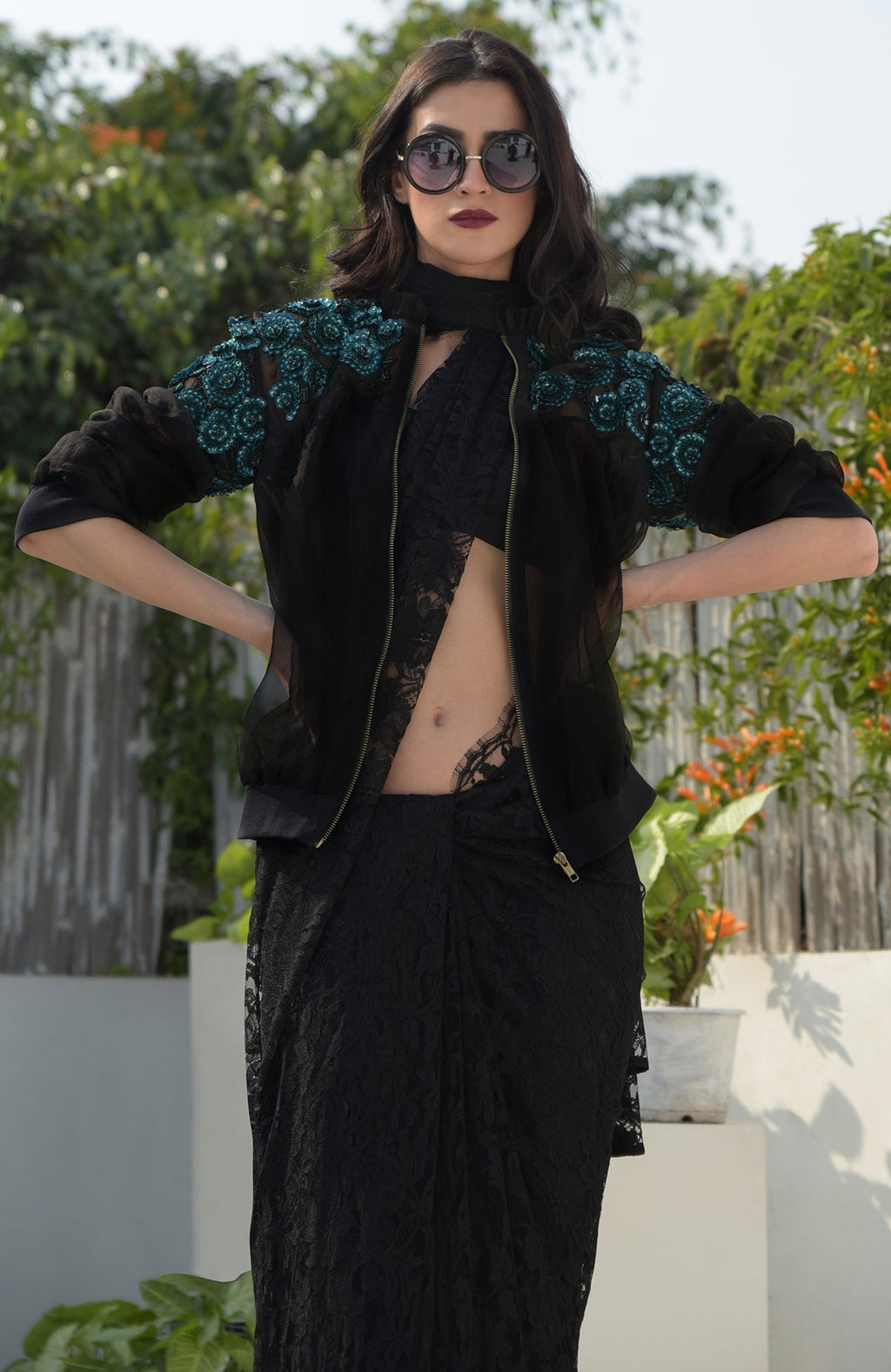 Flower Chakra Black-Blue 3D Hand Embroidered Organza Bomber Jacket worn by a model.
