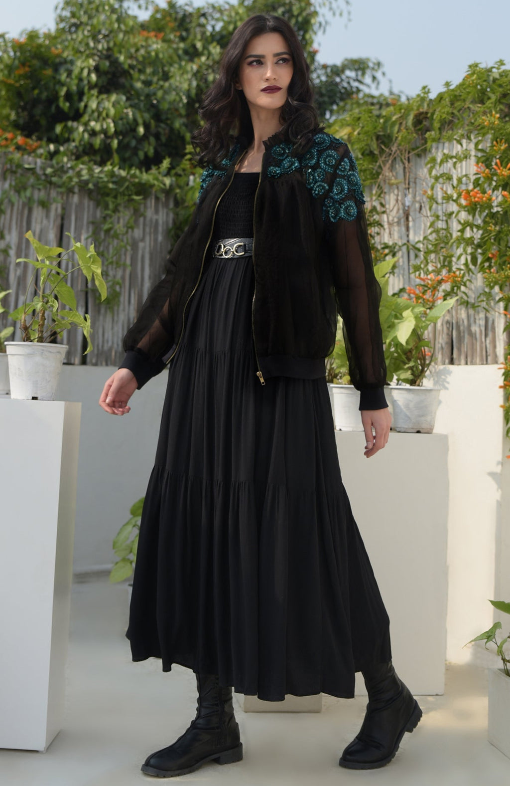 Black organza bomber jacket with blue 3D floral hand embroidery and ribbed cuffs and hem