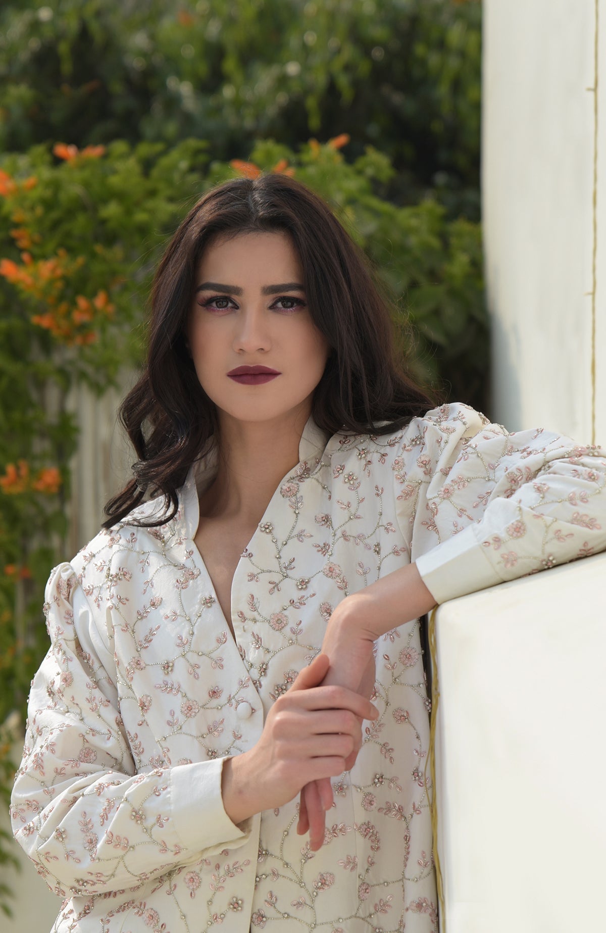 Snowberry sequined ivory-pink hand-embroidered structured jacket with puffed sleeves.