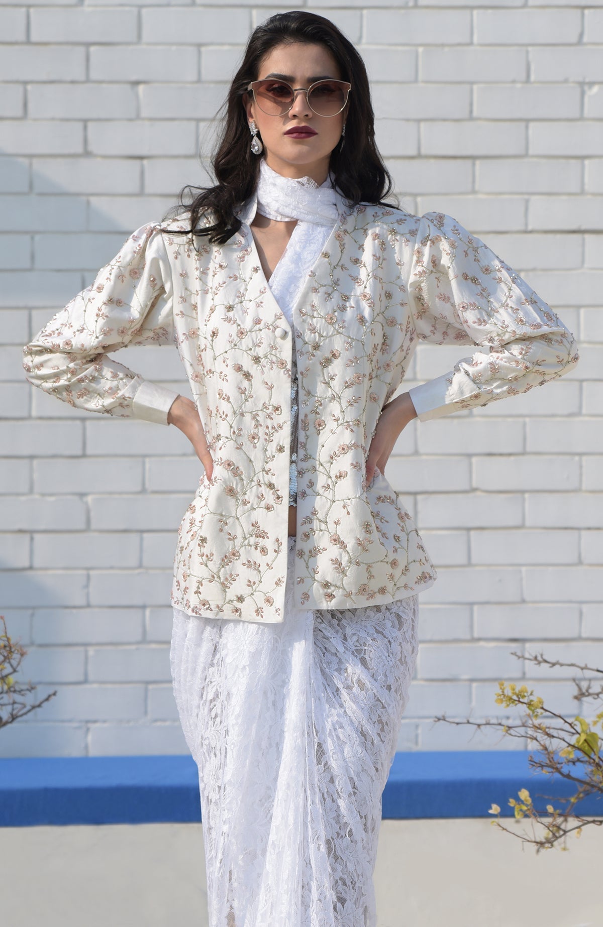 Snowberry sequined ivory-pink hand-embroidered structured jacket with puffed sleeves.