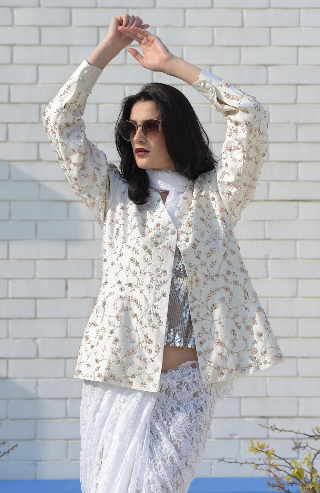 Snowberry sequined ivory-pink hand-embroidered structured jacket with floral details.