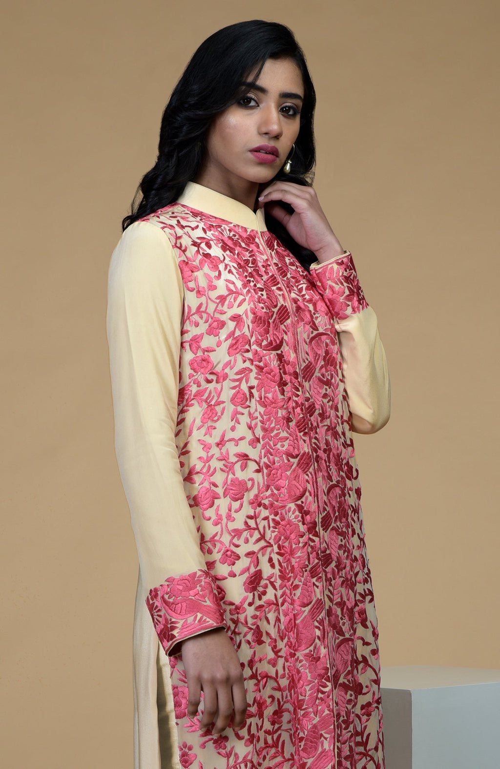 Beige jacket with rose wine Parsi Gara floral-birds embroidery and band collar neckline.