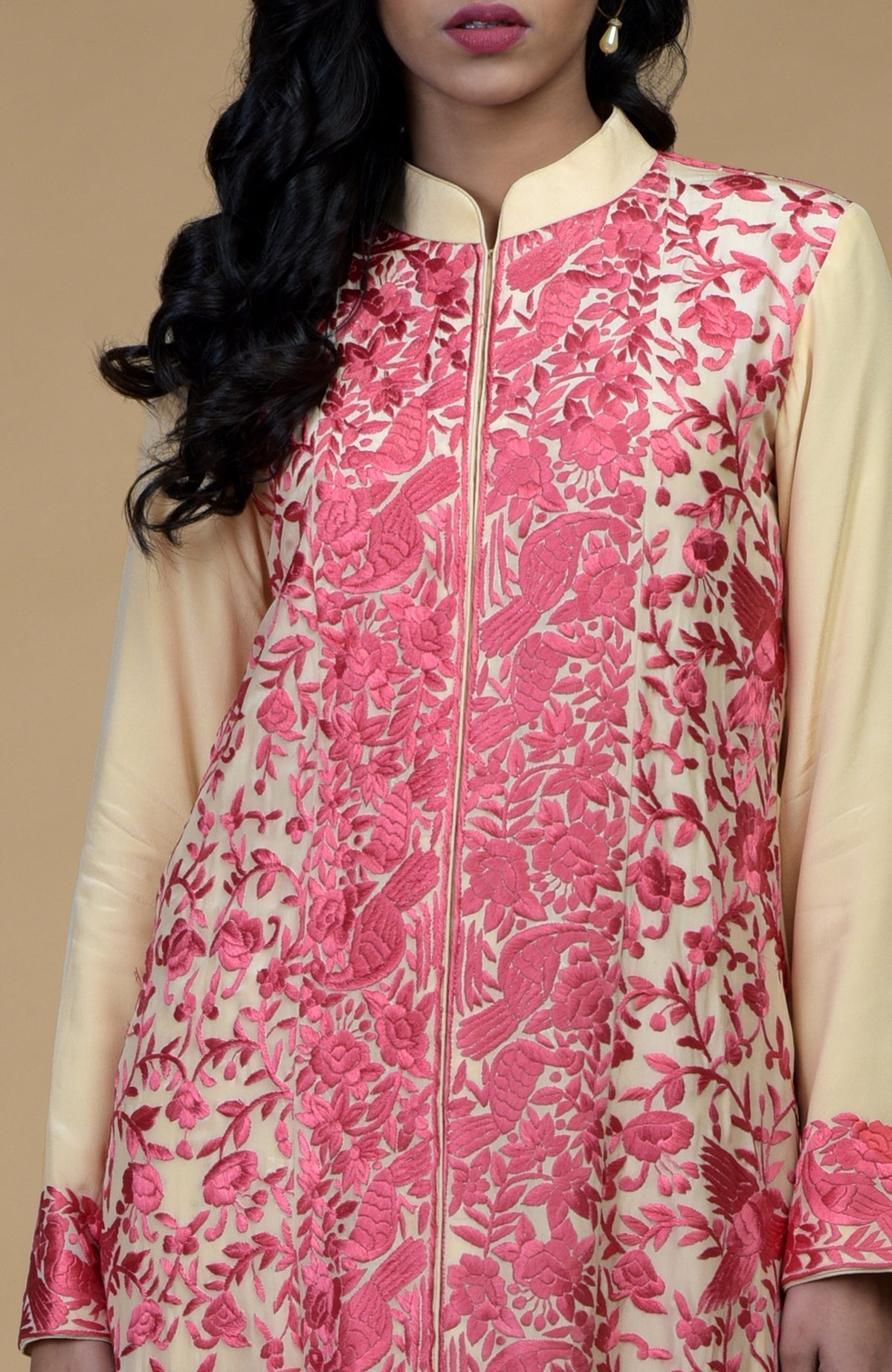 Beige jacket with rose wine Parsi Gara floral-birds embroidery and band collar neckline.