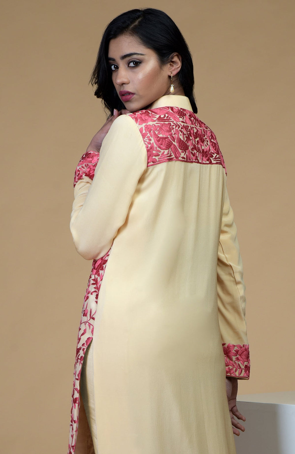 Beige Parsi Gara jacket with rose wine floral-birds embroidery and band collar neckline