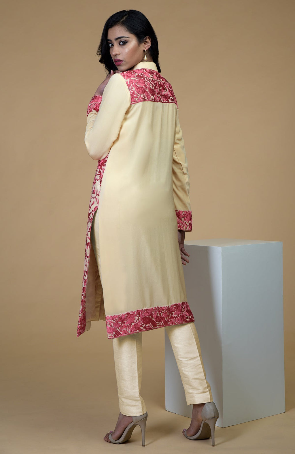 Beige jacket with rose wine Parsi Gara floral-birds embroidery and band collar neckline