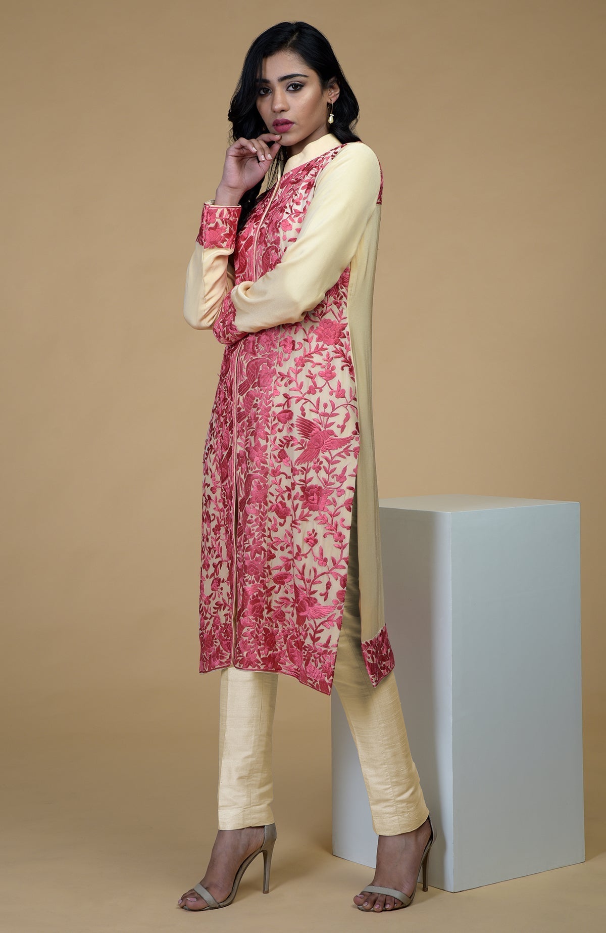Beige jacket with rose wine Parsi Gara floral-birds embroidery and band collar neckline