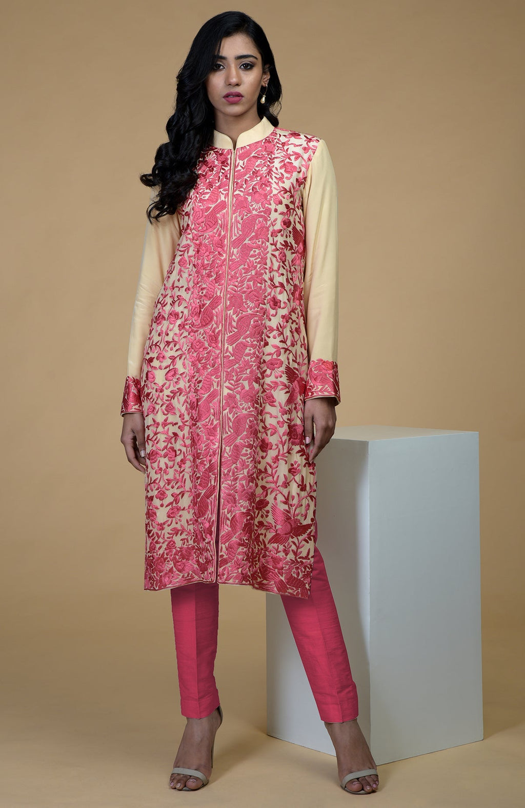 Beige Parsi Gara jacket with rose wine floral-bird embroidery and band collar neckline