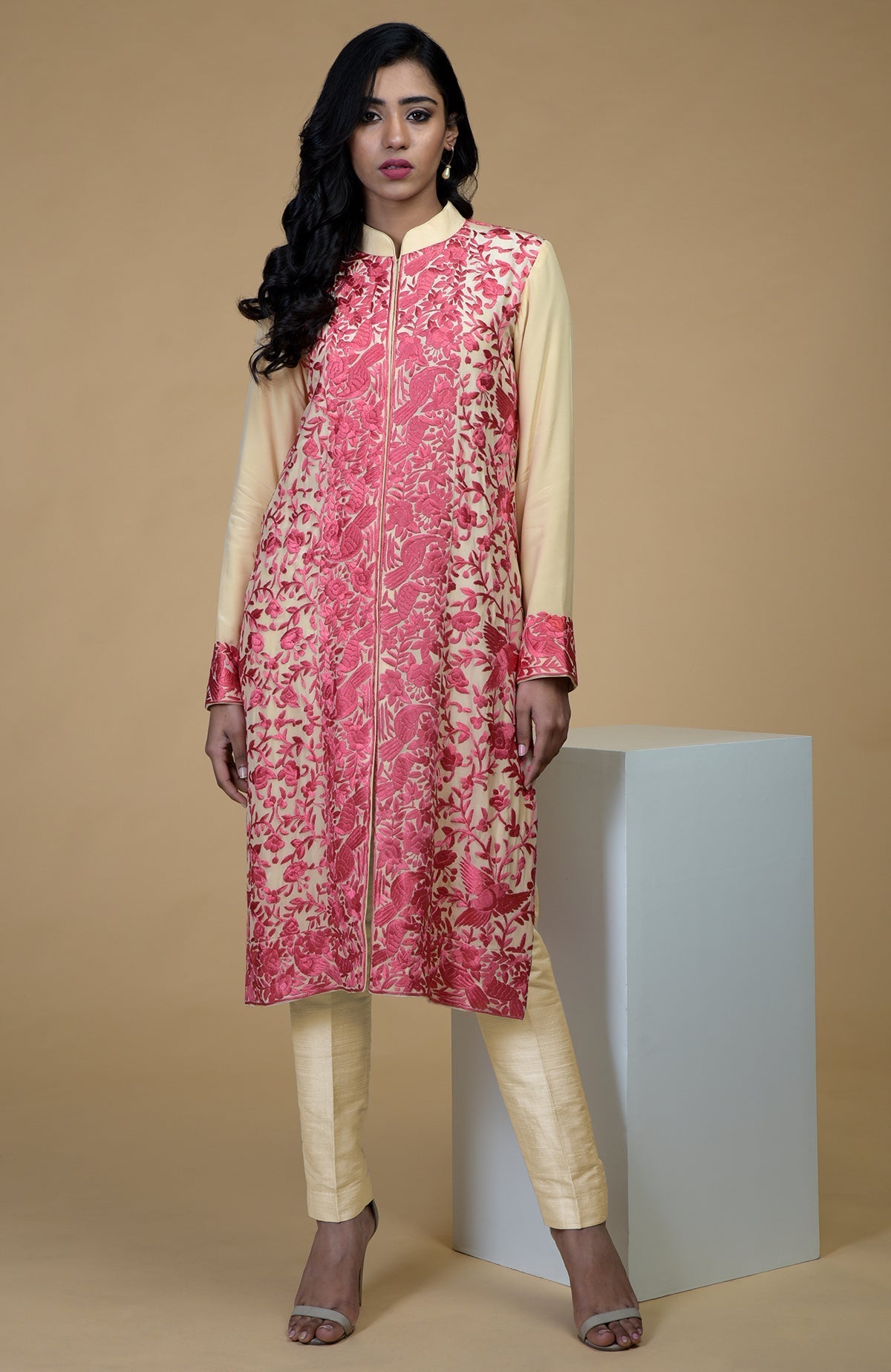 Beige jacket with rose wine Parsi Gara floral-birds embroidery and band collar neckline