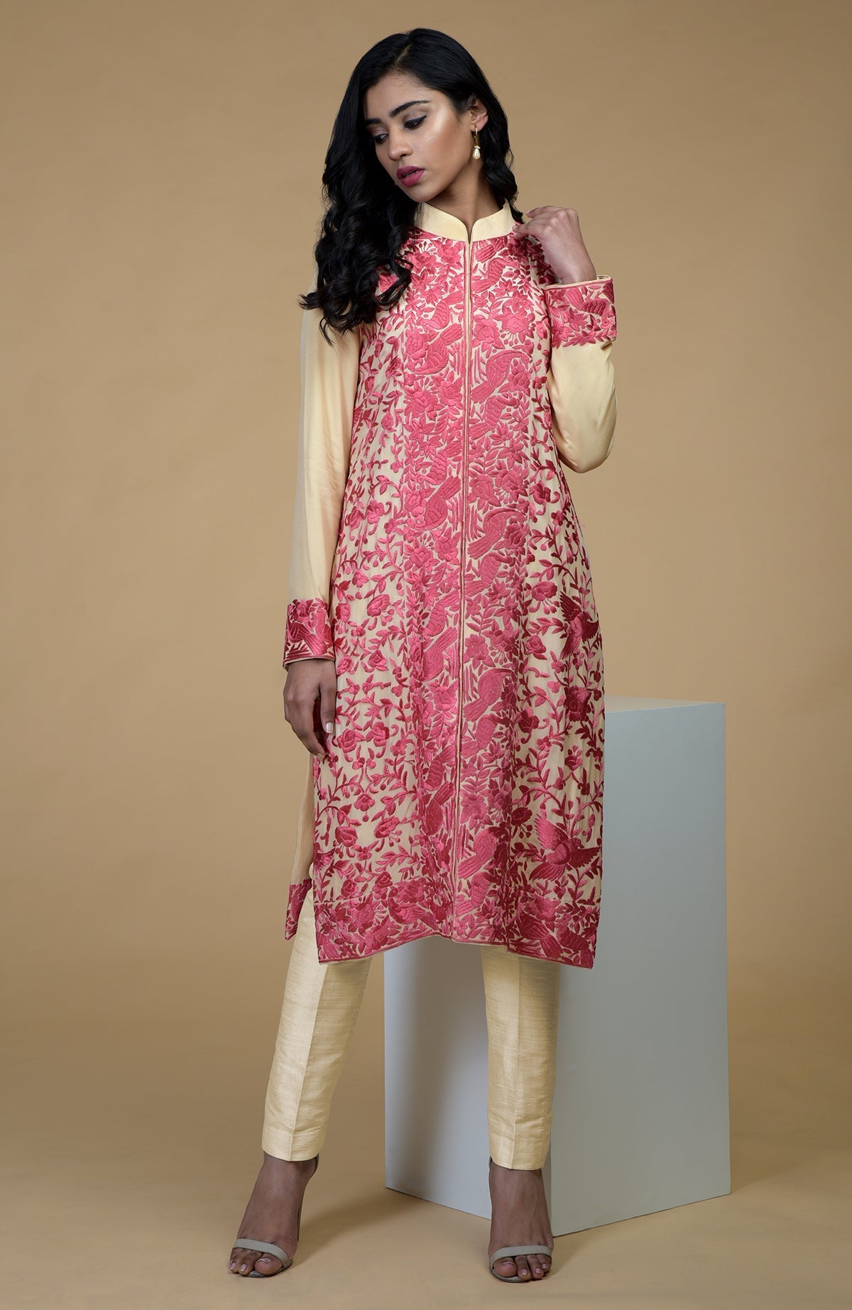 Beige jacket with rose wine Parsi Gara floral-birds embroidery and band collar neckline