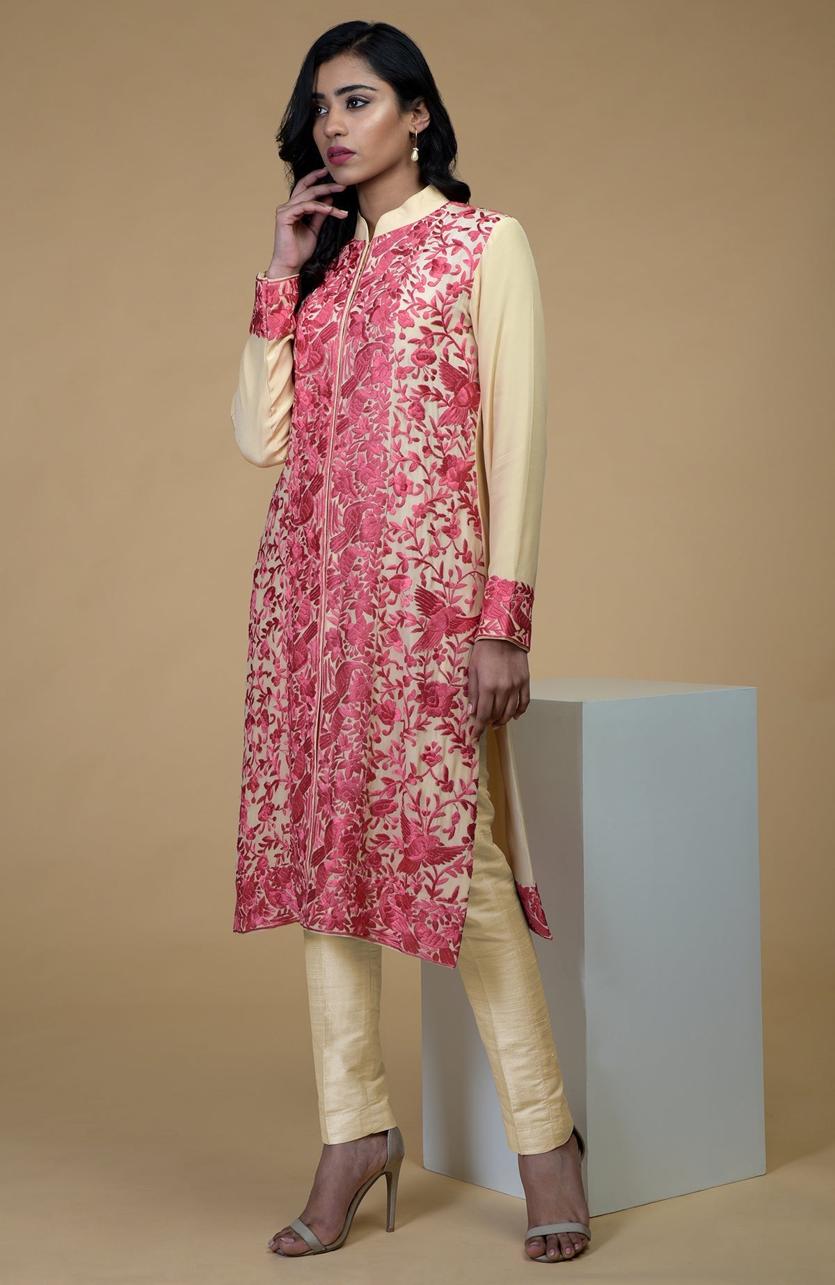 Beige jacket with rose wine Parsi Gara floral-bird embroidery and band collar neckline.