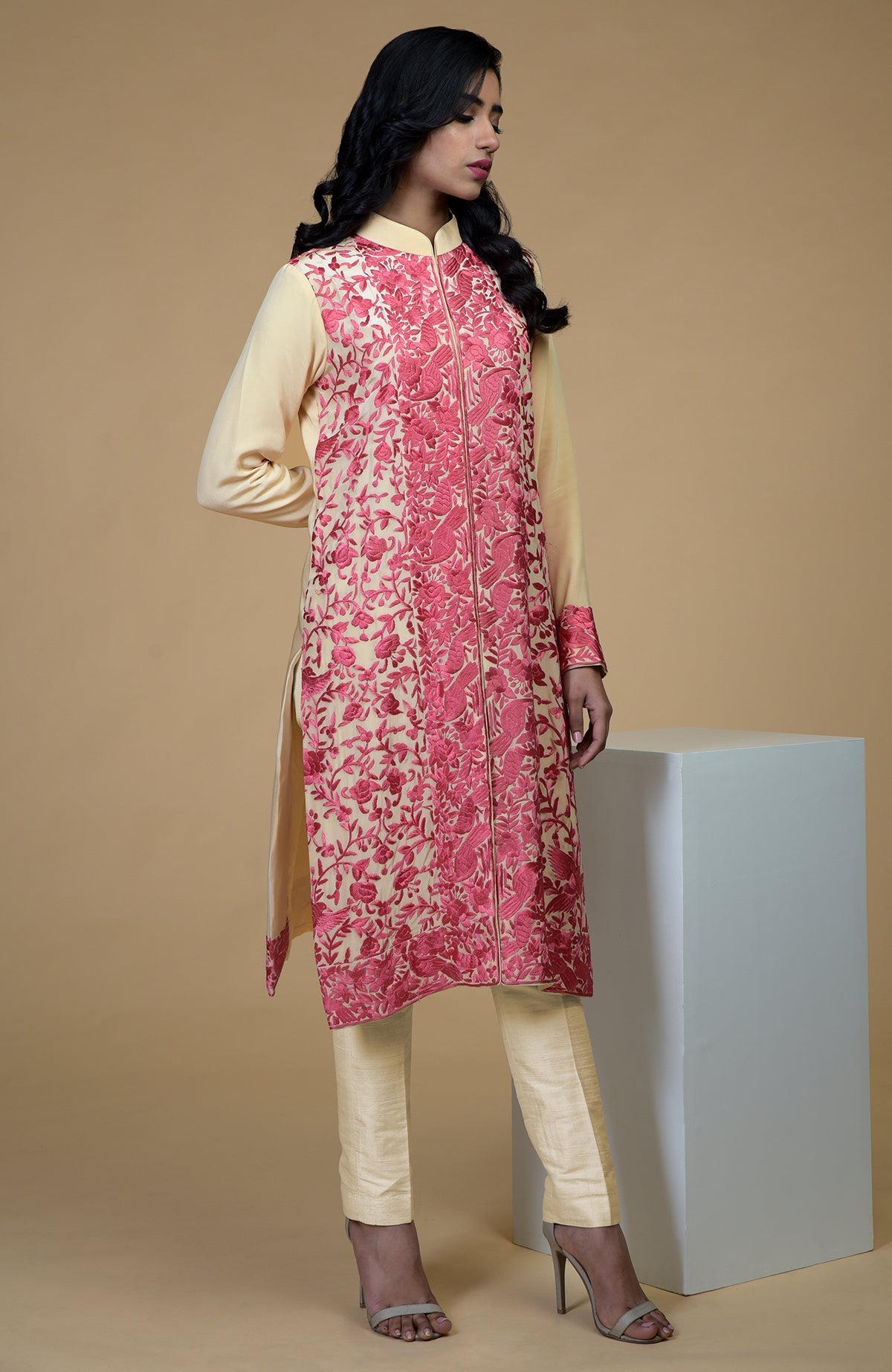 Beige jacket with rose wine Parsi Gara floral-bird embroidery and band collar neckline