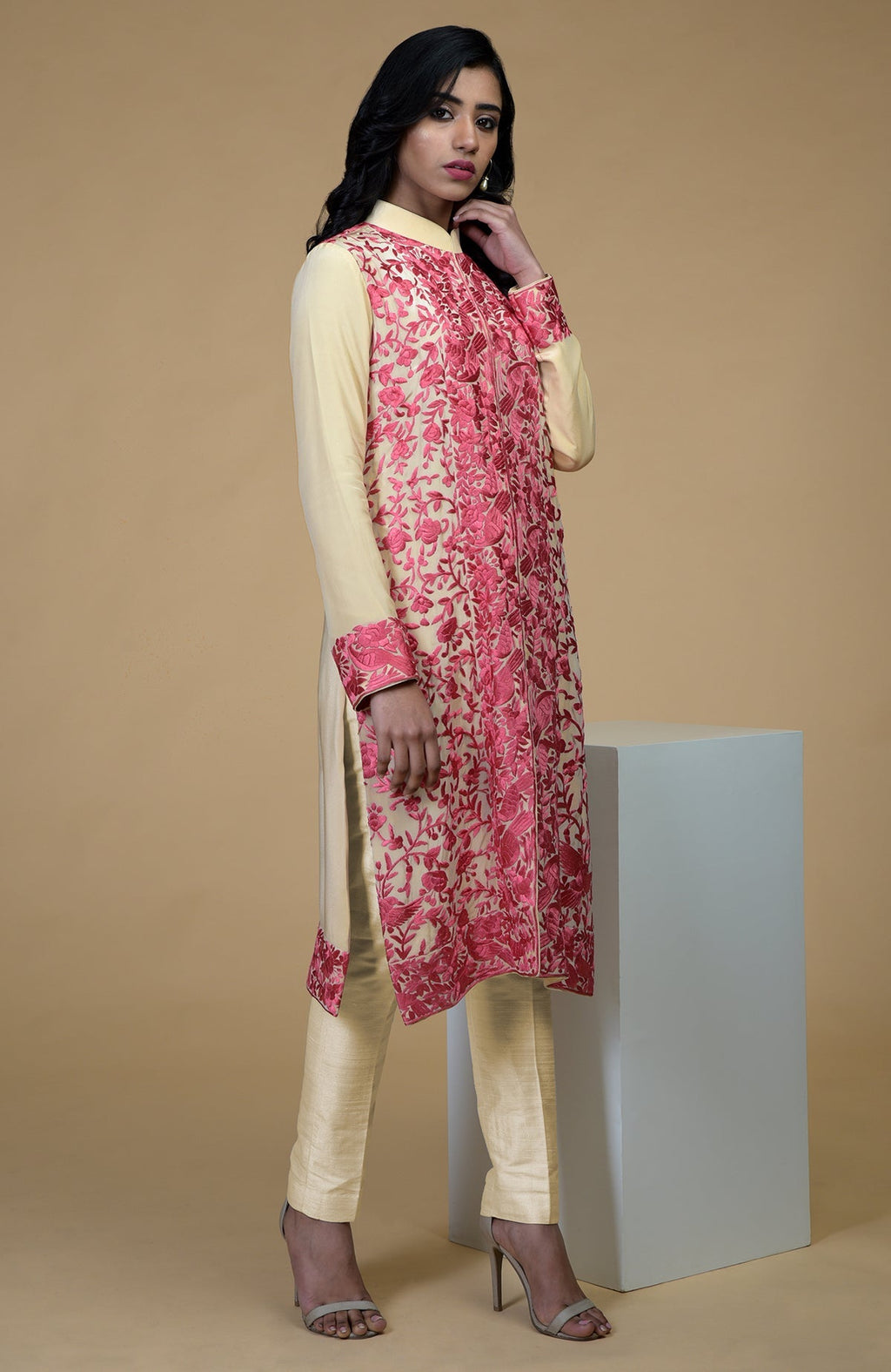Beige jacket with rose wine Parsi Gara floral-birds embroidery and band collar neckline.