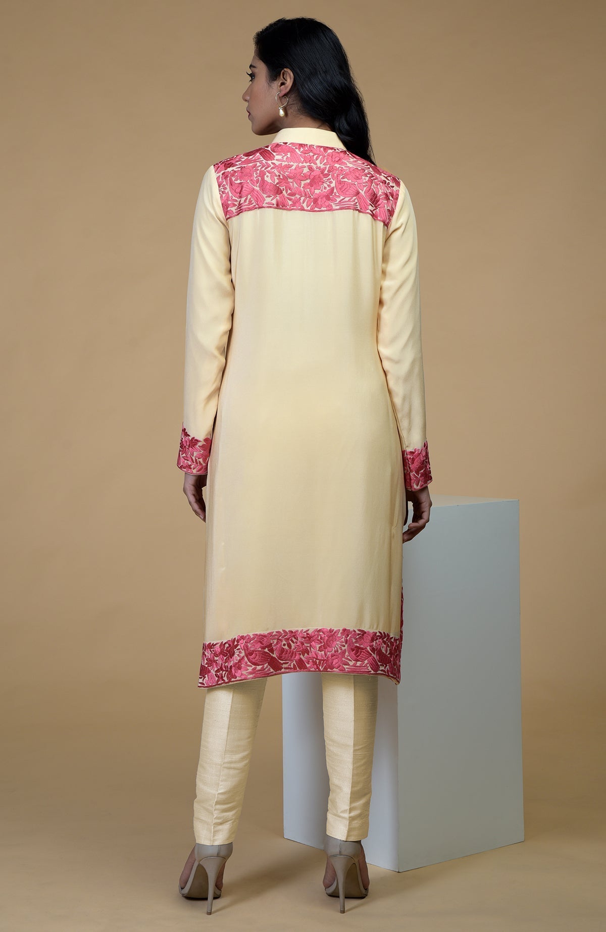 Beige Parsi Gara jacket with rose wine floral-bird embroidery and band collar neckline