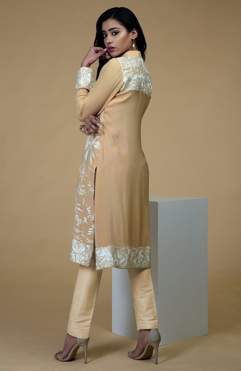 Fawn jacket set with ivory Parsi Gara floral-birds embroidery and matching crepe pants