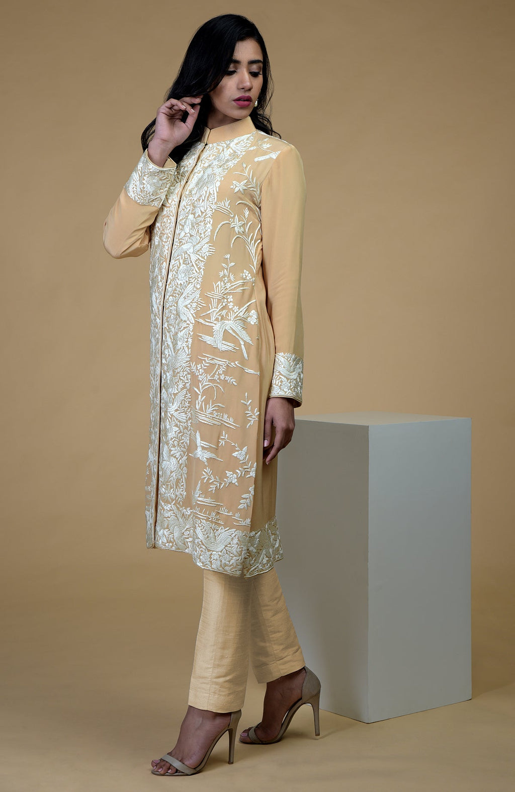 Fawn jacket with ivory Parsi Gara floral-birds embroidery and matching crepe straight pants