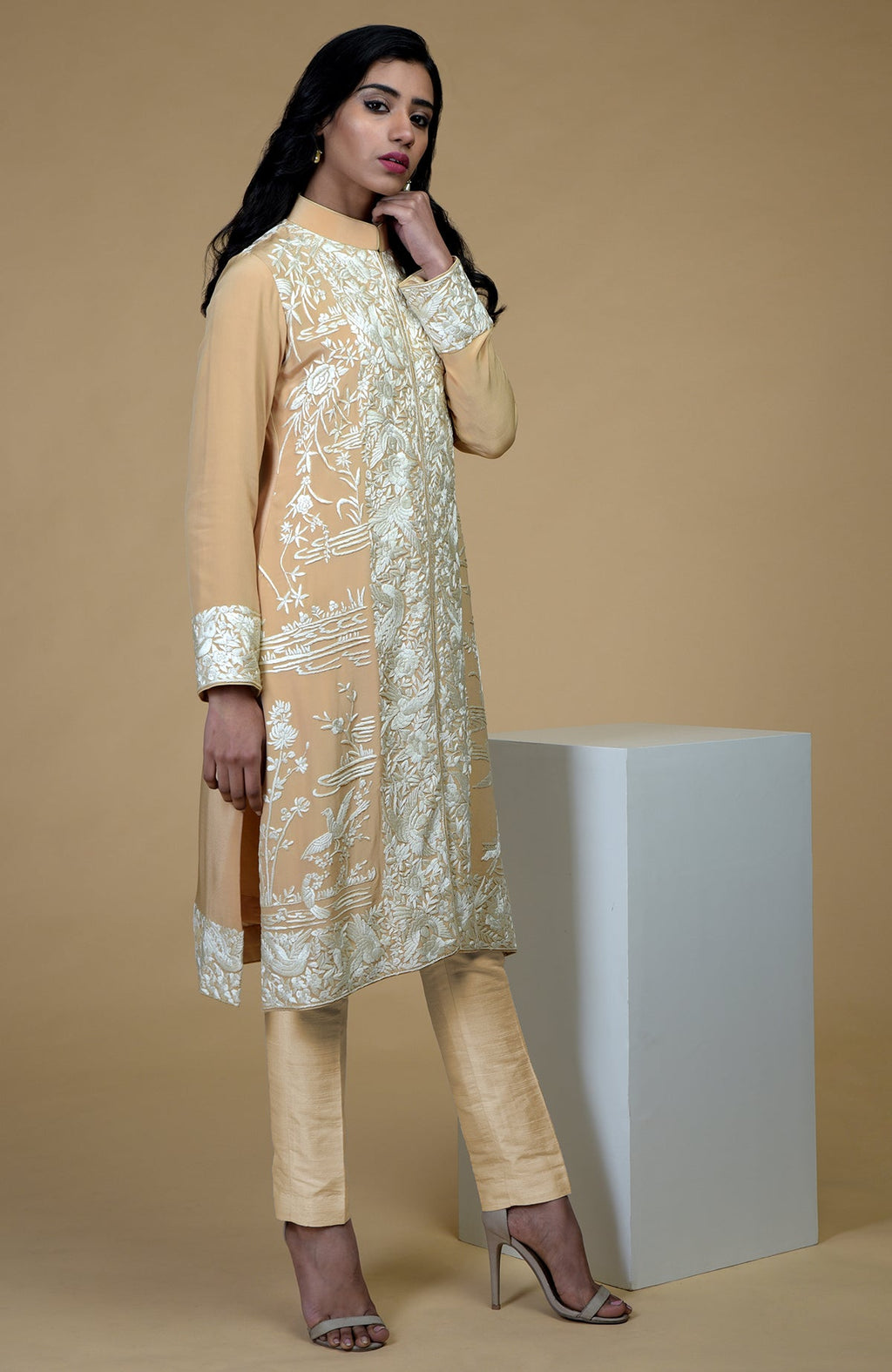 Fawn jacket with ivory Parsi Gara floral-birds embroidery and matching pure crepe pants